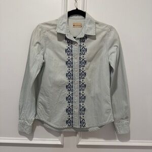 Roxy Light Blue Denim Shirt Size S Embroidered‎ Long Sleeve Button-Down Top